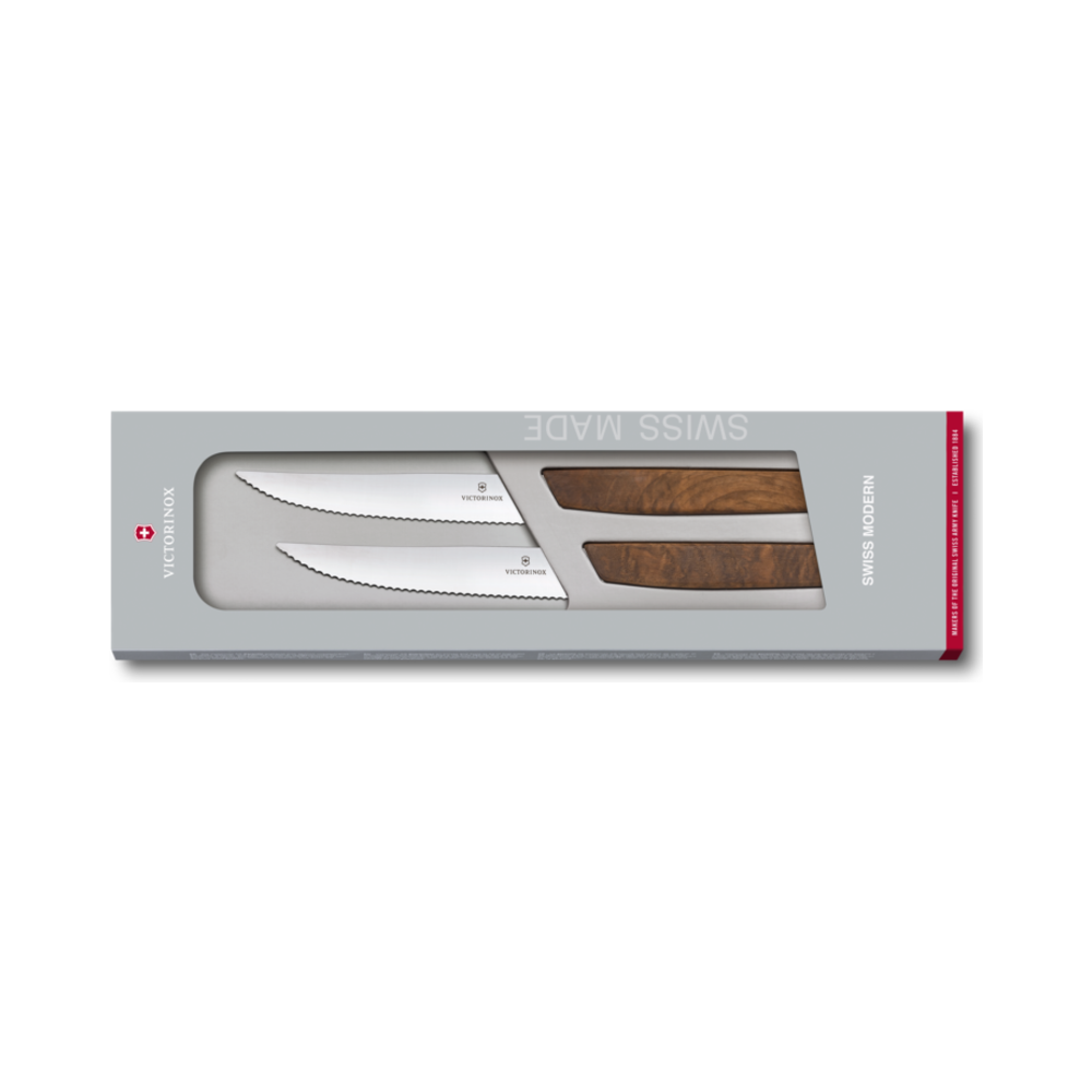 Swiss Modern, steak knife set, 2pcs, 12cm, wavy, walnut, gift box