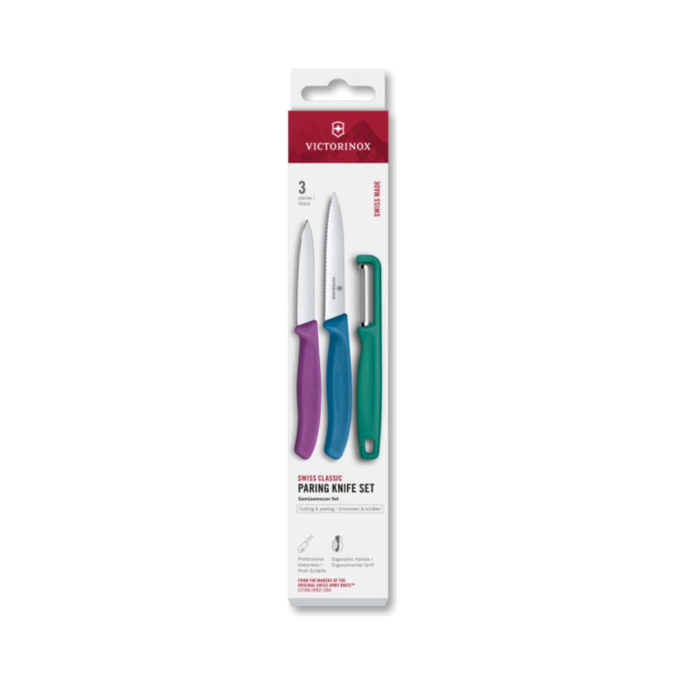 Swiss Classic, paring knives w/ I-peeler, 3pcs,grn/purple/blu,box