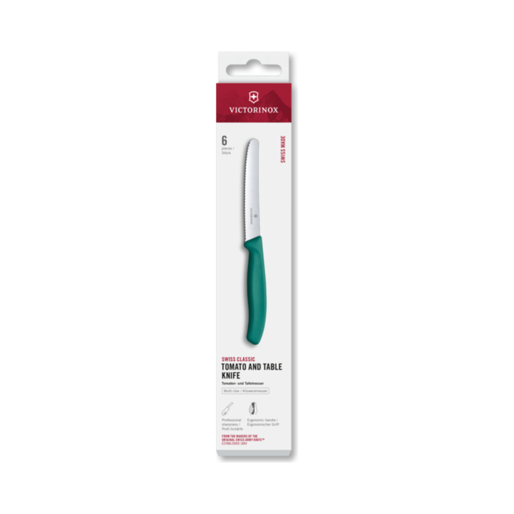 Swiss Classic, tomato & table knife, 6pcs, 11cm, wavy, green, box